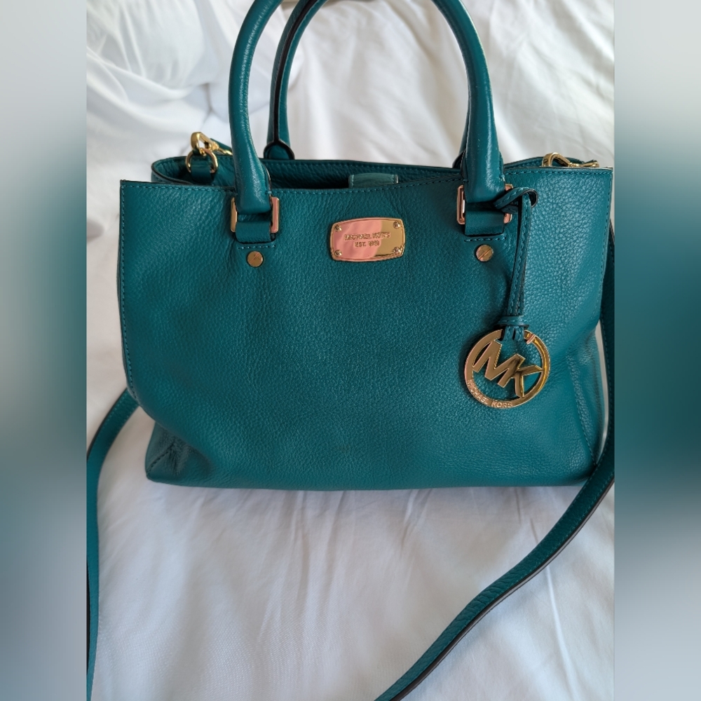 Michael Kors Aqua Pebbled Leather Satchel Crossbody Shoulder Bag Gold Hardware